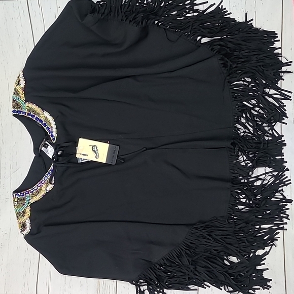NWT Alberto Makali Black Fringe Beaded Tie Cape Size Small - Picture 5 of 6